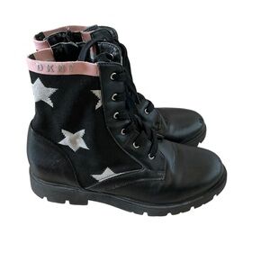 DKNY black with pink knit stars Stassi moto boots youth size 5 women’s size 7